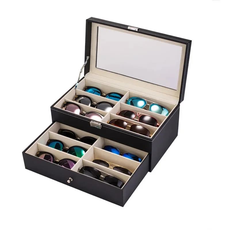 12-slot dubbellaags zonnebril organisator opbergdoos zwart PU lederen brillenkoker doos sieraden brillen display box cadeau