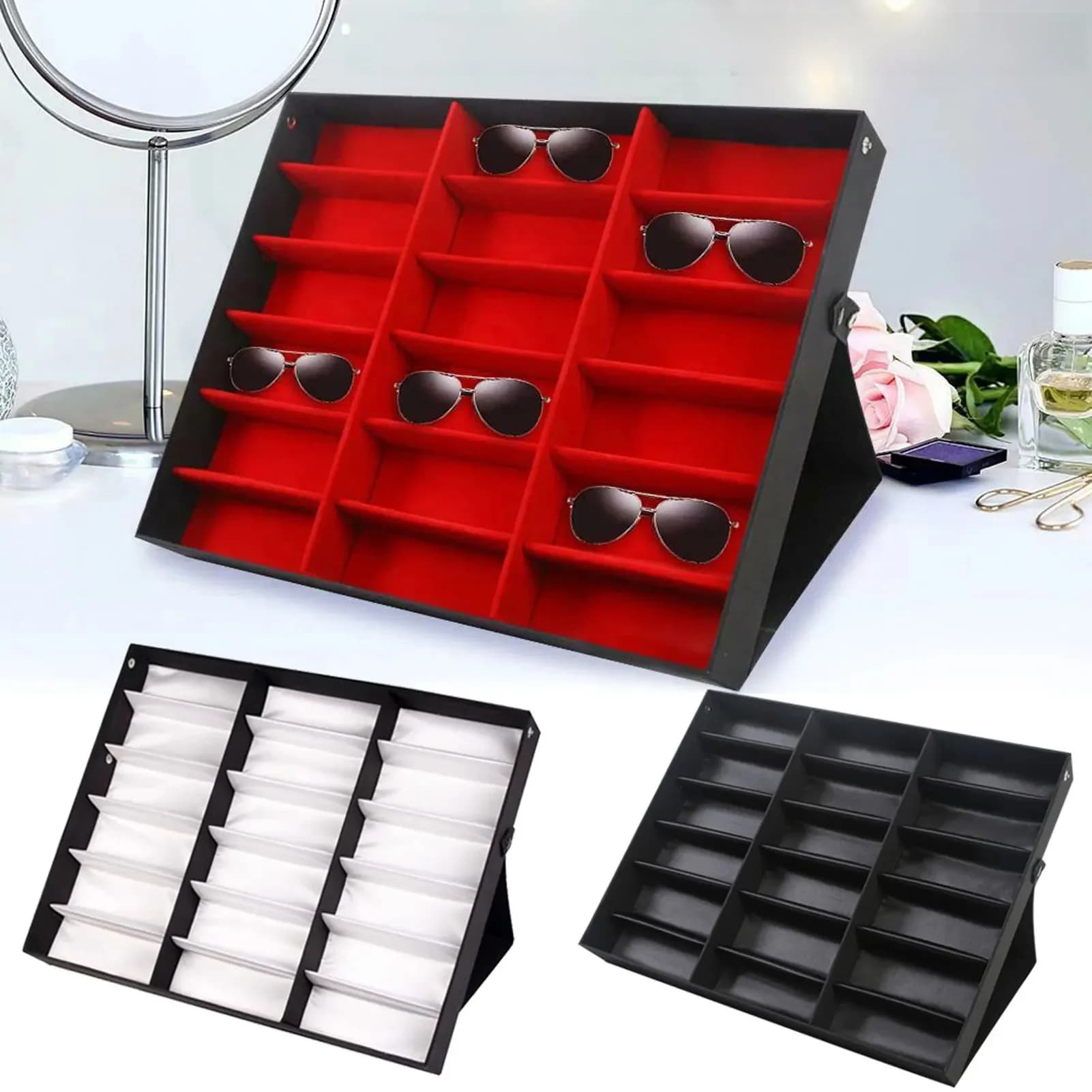 Brillenhouder Organizer 18-Grid Brillen Vitrine Opbergdoos Kantelbare Staande Grid Brilkoffer