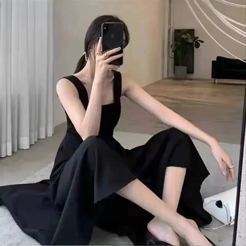 Mouwloze jurk vrouwen eenvoudige casual effen fit hoge taille zomer retro nieuwe aankomst elegante dames gezellig mujer ulzzang ins vrouw
