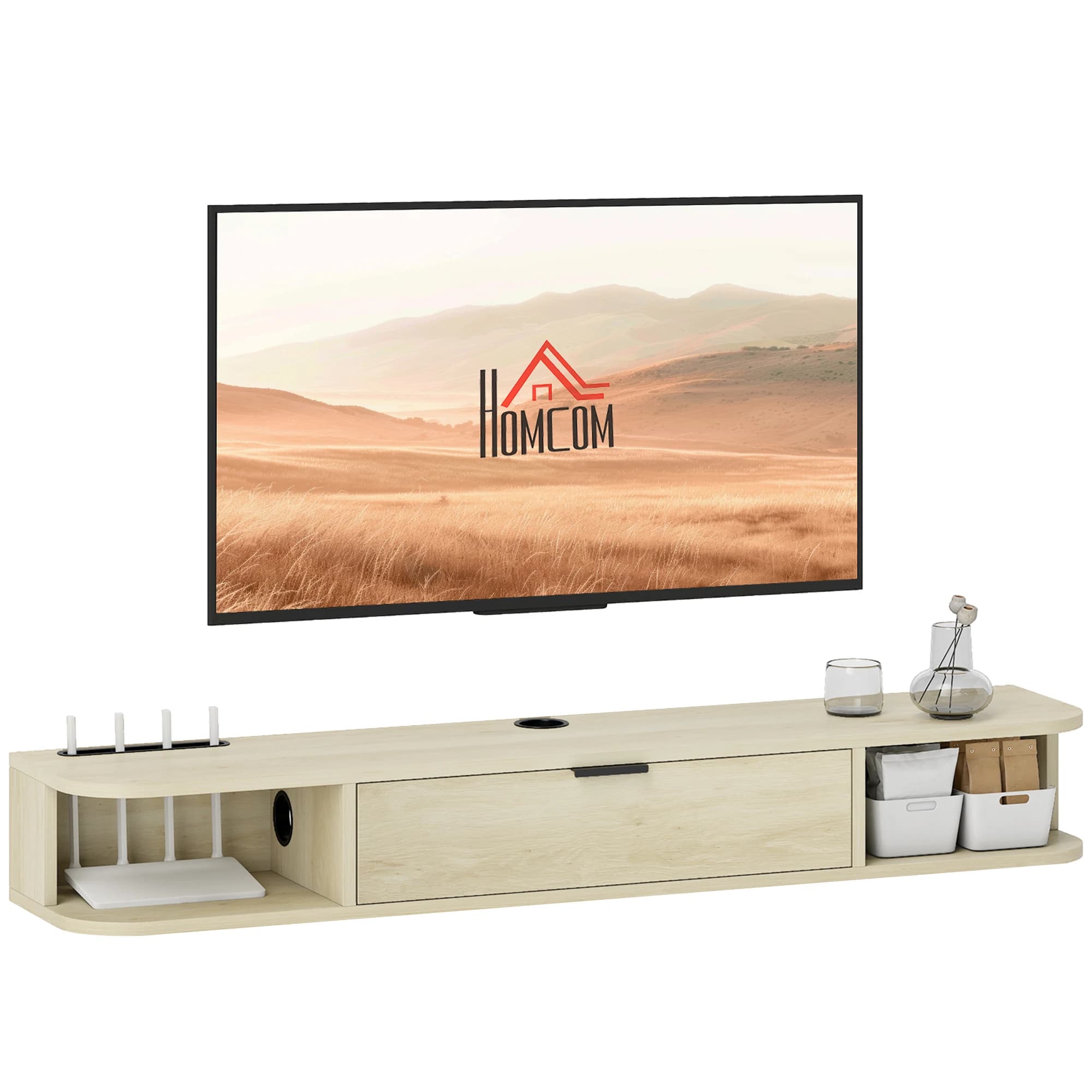 Homcom hangend tv-meubel, tv-meubel voor woonkamer met opvouwbare lade, 2 open planken, kabelbeheer