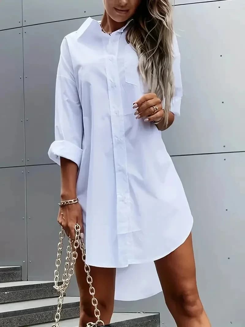 Effen overhemdjurk met knoopsluiting voor dames - Casual reversjurk met lange mouwen voor lente en herfst