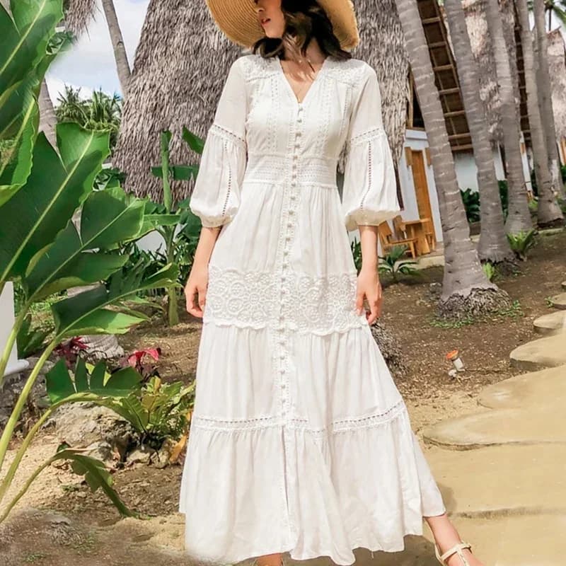Lantaarnmouw Katoenen Rayon Splice Kanten Lange Jurken Voor Dames Vintage Witte V-Hals Herfst Boho Jurk Feest Vakantie Vestidos