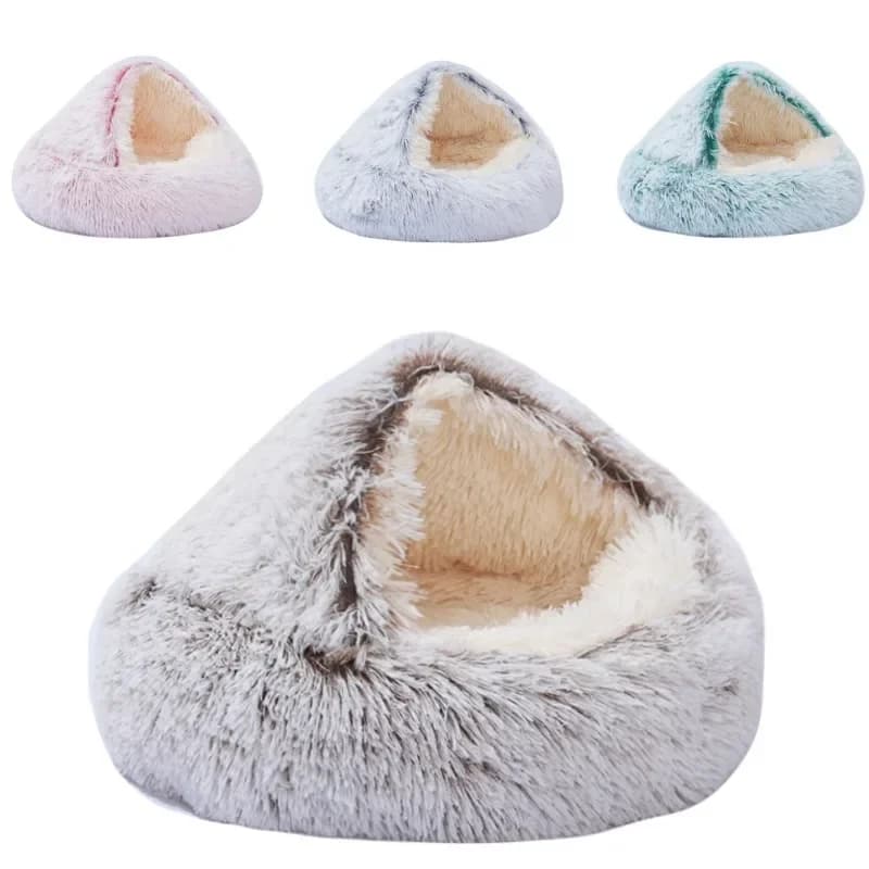 Pluche huisdier kattenbed rond kattenkussen kattenhuis 2-in-1 warme kattenmand huisdier slaapzak kattennest kennel voor kleine hond kat hondenbed