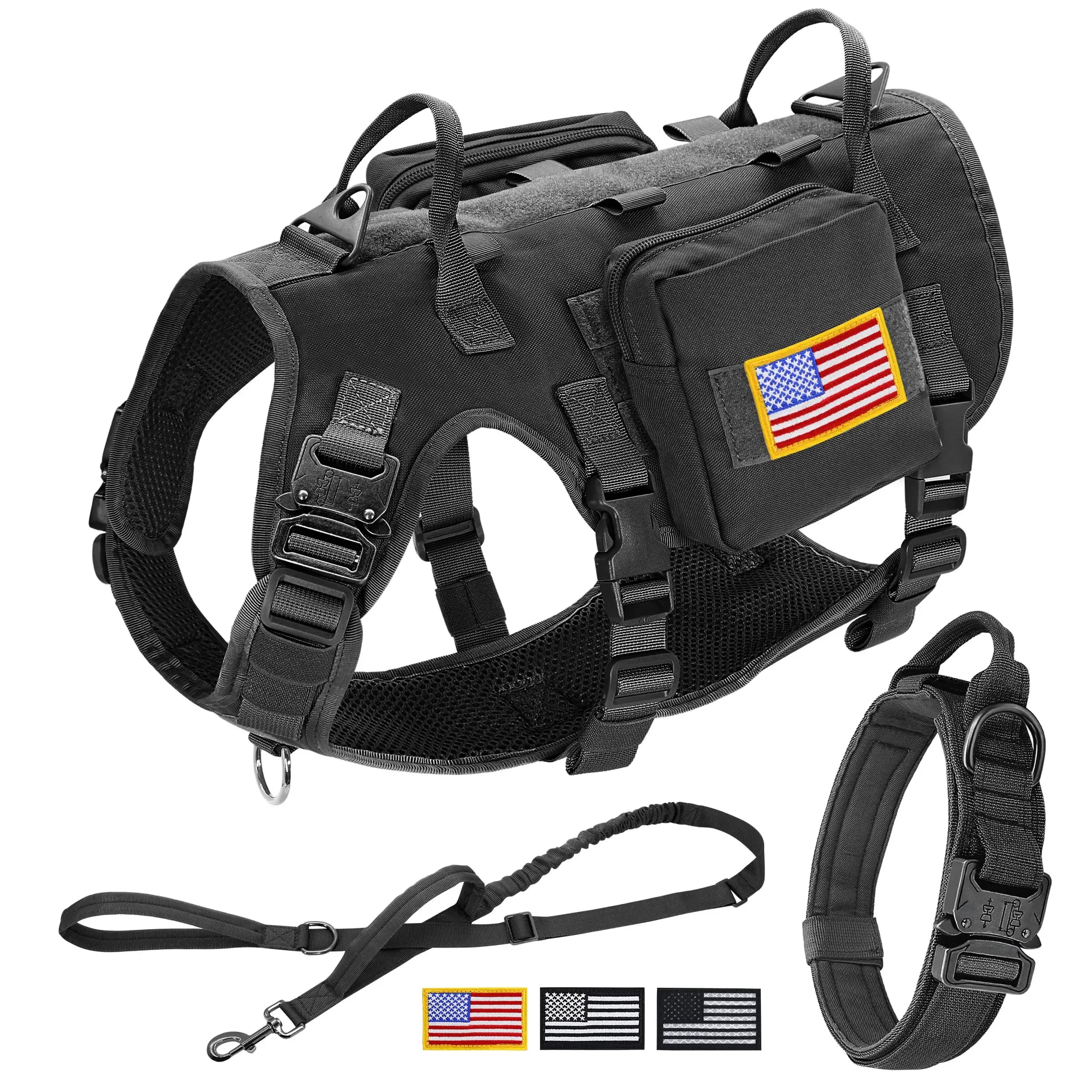 Tactische Militaire Hond Harnas Kraag Leash Set Duurzaam Grote Hond Training Harnas Vest MOLLE Voor Grote Honden Met Zakjes Vlag