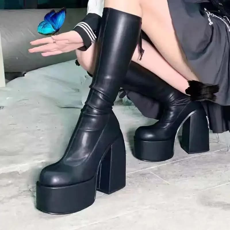 Punk stijl platformlaarzen elastische microfiber schoenen vrouw Spice enkellaarsjes hoge hakken zwarte dikke platform lange kniehoge laarzen