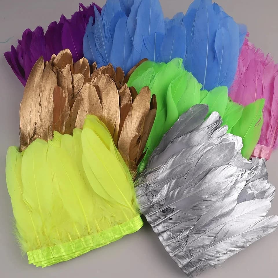 10 meter ganzenveren op tape goud zilver schilderij veren franje trim lint jurk ganzenveren DIY kleding naaien versieringen