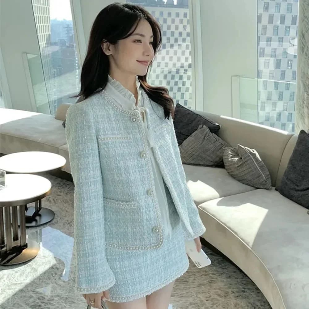 Franse Herfst Winter Dame Kleine Geur Wind Set 2025, Nieuwe All-Match Tweed Jas Vrouwelijke Temperament Korte Rok Tweedelig Pak