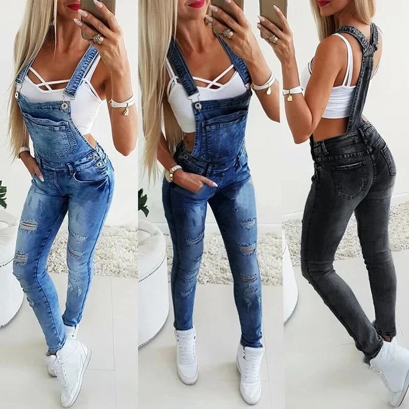 Damesjeans met gebroken gaten Mode-jumpsuit Lange vrouwelijke broek Overalls Eendelige skinny jumpsuit High Street Lente Herfstkleding