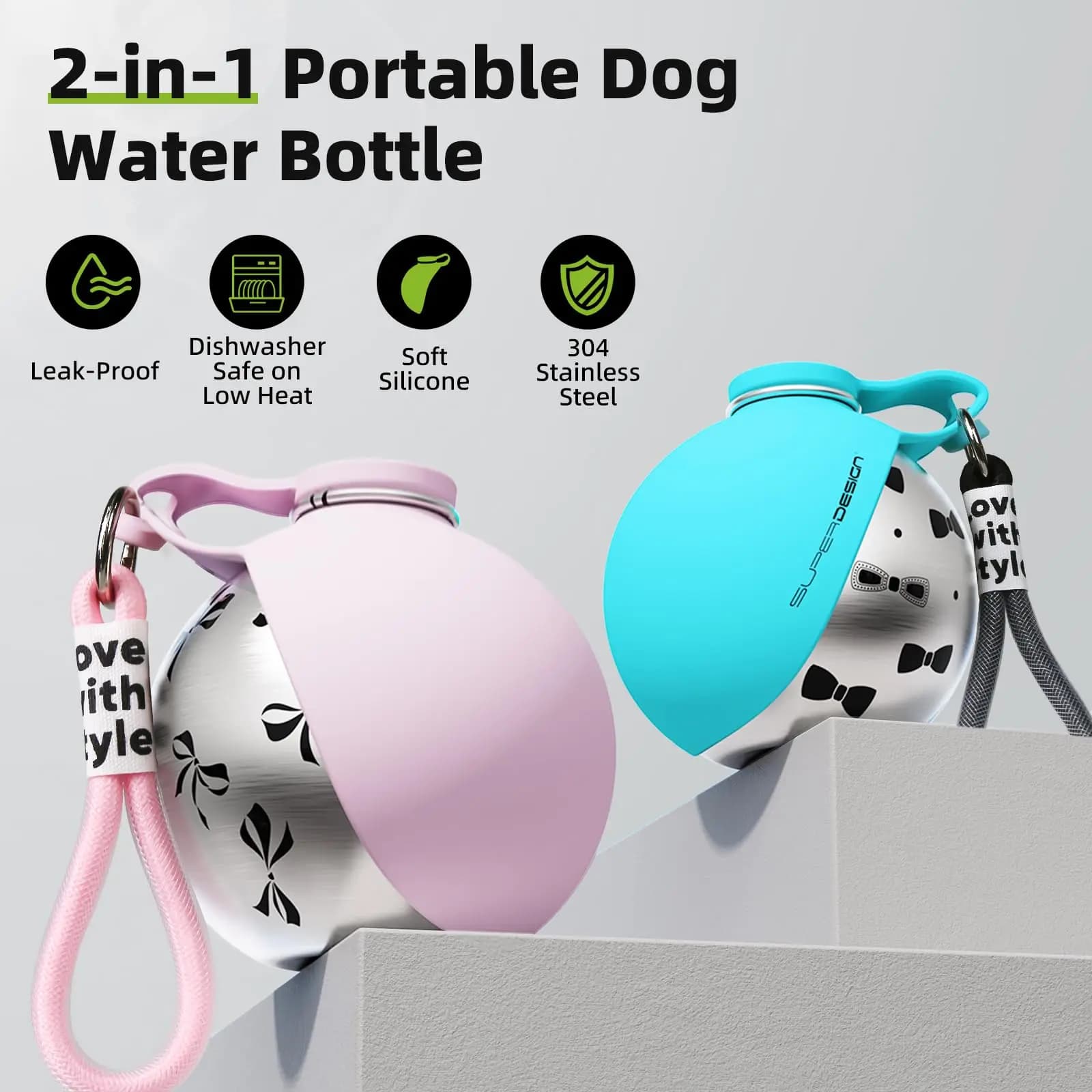 2-in-1 Draagbare Hondenwaterfles voor Kleine Honden - Lekvrij & Compact Hondenreiswaterfles - RVS Fles & Siliconen