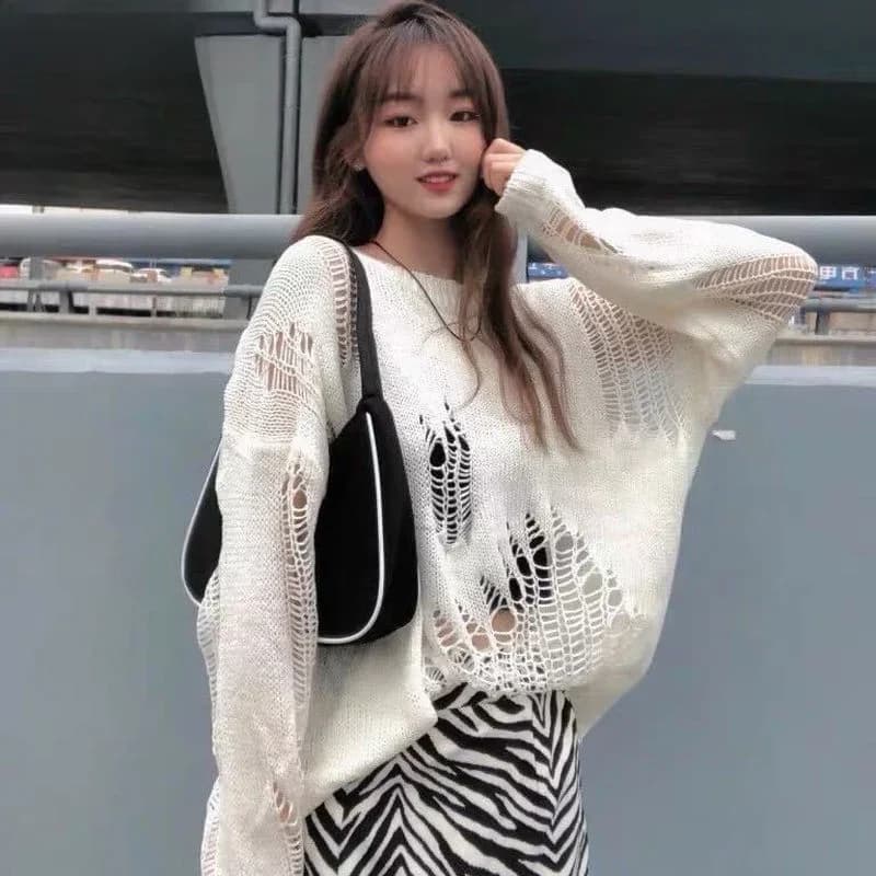 Trui Vrouwen Herfst Lange Mouw Gat Losse Dunne Gebreide Fashion Design Trui Solid Hollow Out Harajuku Mujer Chandails Retro