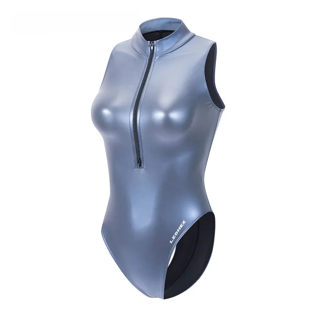 LEOHEX dames mouwloze bodysuit sexy matte ritssluiting maillots hoog uitgesneden badmode uit één stuk Japanse stijl badpakken