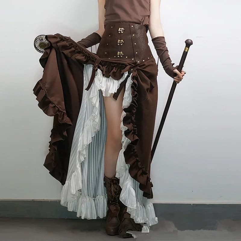 Victoriaanse Gothic Steampunk Lange Rokken Vrouwen Asymmetrische Vintage Ruches Maxi Rok Vrouwelijke Toont Dansvoorstelling Kostuum