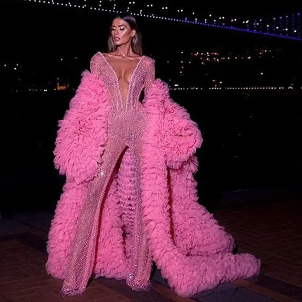 Elegante pluizige tule jas gelaagde lange mouwen dames kamerjas feest prom maxi tule jurk formeel evenement op maat gemaakt