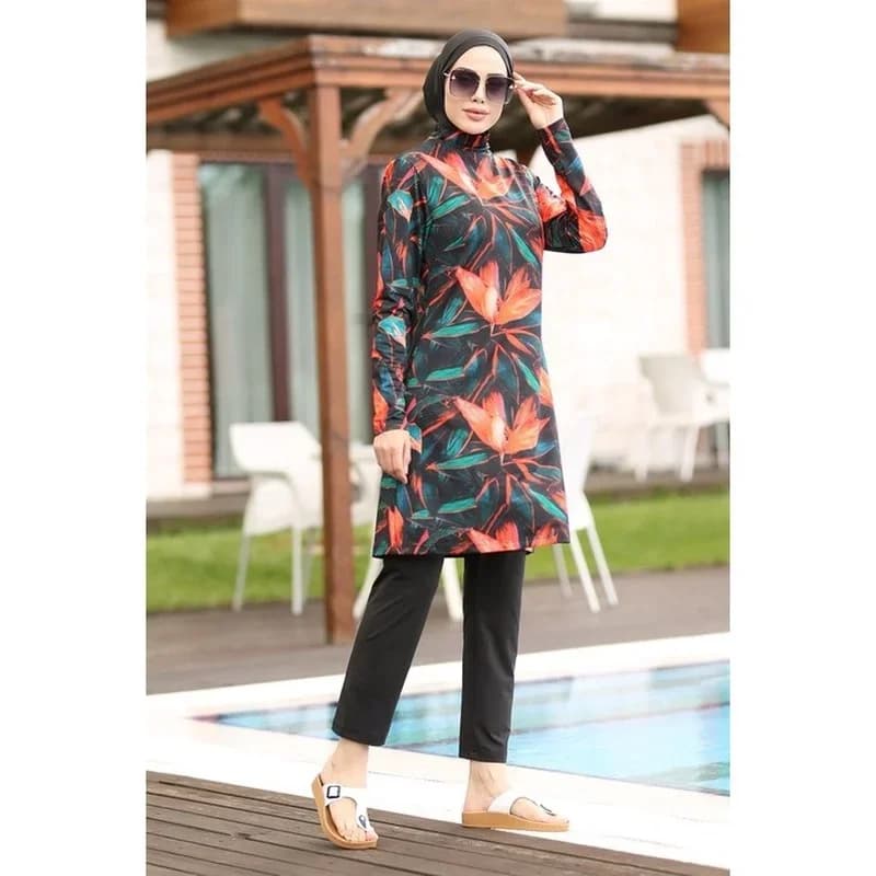 Vrouwen Moslim Badmode Esdoornblad Afdrukken Islamitische Kleding Hijab 3 Stuks Lange Mouwen Sport Badpak Burkinis Badpak Abaya