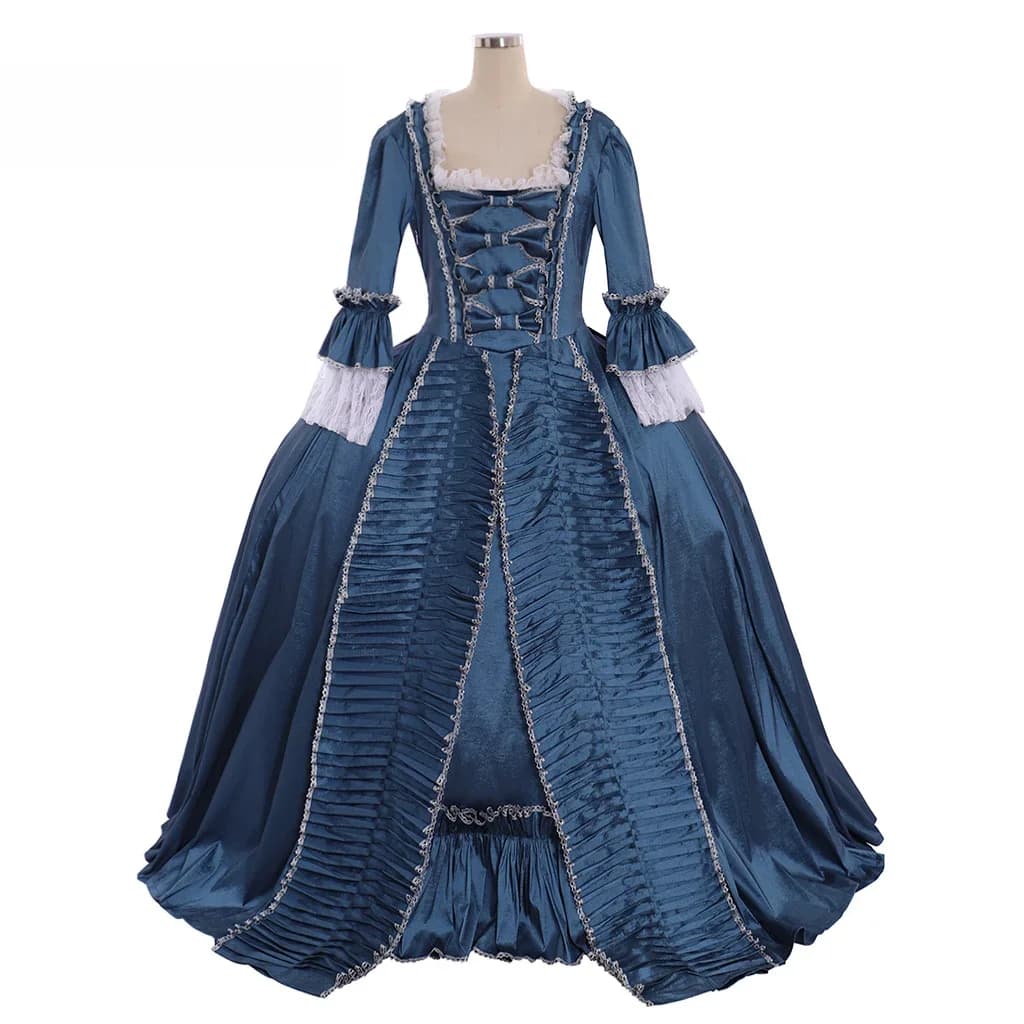 Middeleeuwse Marie Antoinette Gown Dress Rococo Mode Kostuum Regency Jurk 18th Century Ruche Marineblauw Gown Carnaval Kostuum