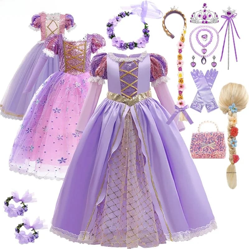 2025 Rapunzel Meisje Prinses Jurk Party Cosplay Kostuum Paars Lange Mouw Mesh Fancy Kleding Halloween Baby Tutu Rok