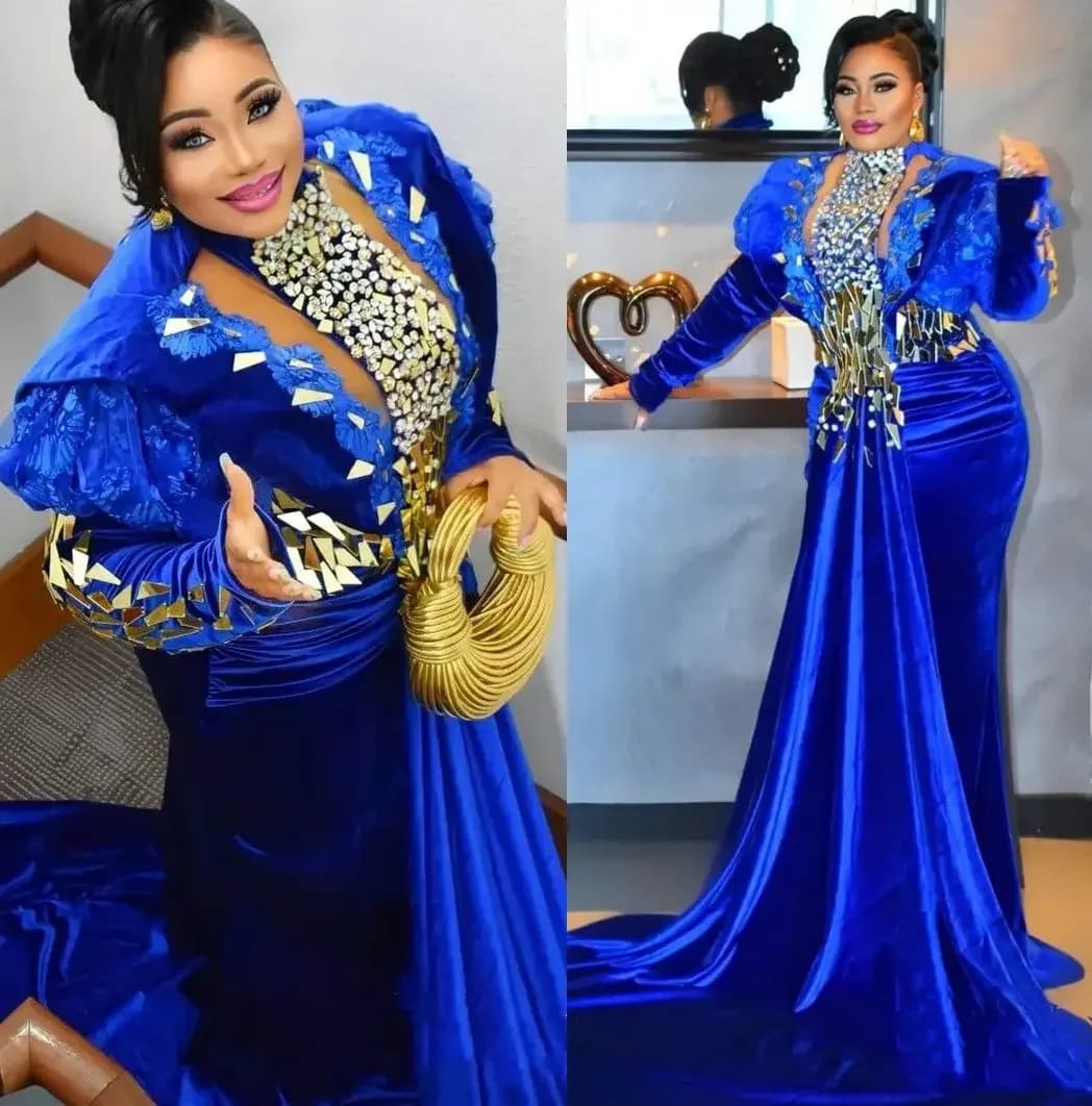 Arabisch Aso Ebi Luxe zeemeermin galajurken Kristallen kralen spiegel lange mouwen Avondreceptie Verjaardagsjurk op maat