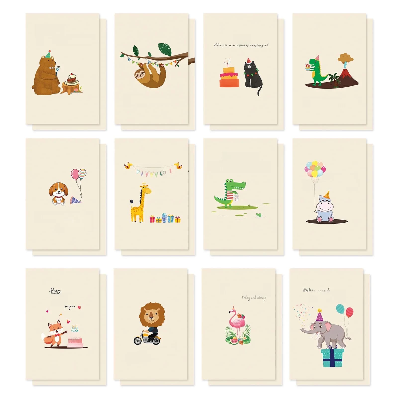 24 stuks cartoon gelukkige verjaardag wenskaarten voor kinderen met enveloppen verpakt in doos 6x4 inch