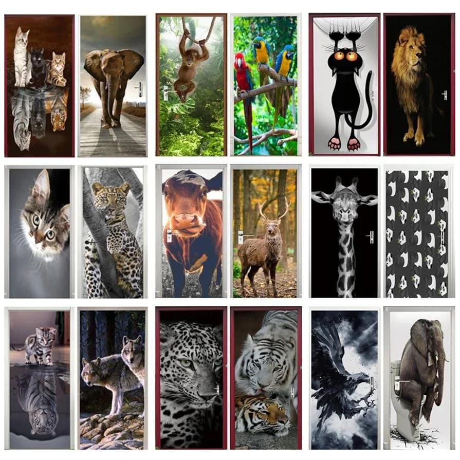Dier Deur Sticker Kat Tijger Herten Luipaard Behang Aangepaste Deuren Poster Muurtattoo Zelfklevende 3D Home Design Decor deurstickers