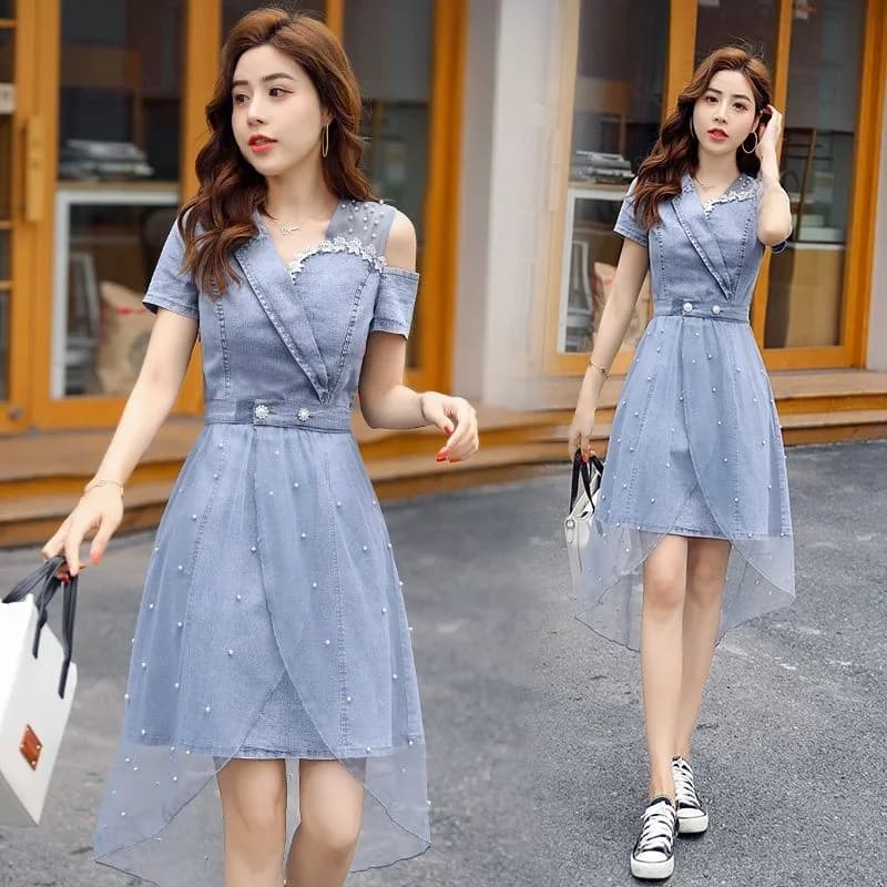 2024 Nieuwe Mesh Splicing Koreaanse Zomer Denim Jurk Set, Zoete En Losse Temperament, Taille Cinching Rok Voor Vrouw