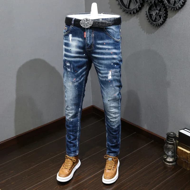 Fashion Designer Mannen Jeans Retro Blauw Stretch Slim Fit Painted Ripped Jeans Mannen Koreaanse Stijl Vintage Casual Denim Broek Hombre