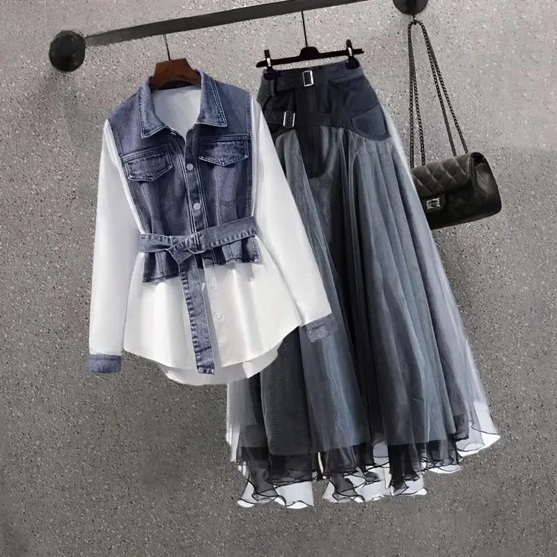 Vrouwen 2026 Lente Herfst Nieuwe Mode Denim Shirt Jas + Midi Rok Tweedelige Koreaanse Elegante Lange Mouw Blouse Jurk bijpassende Set