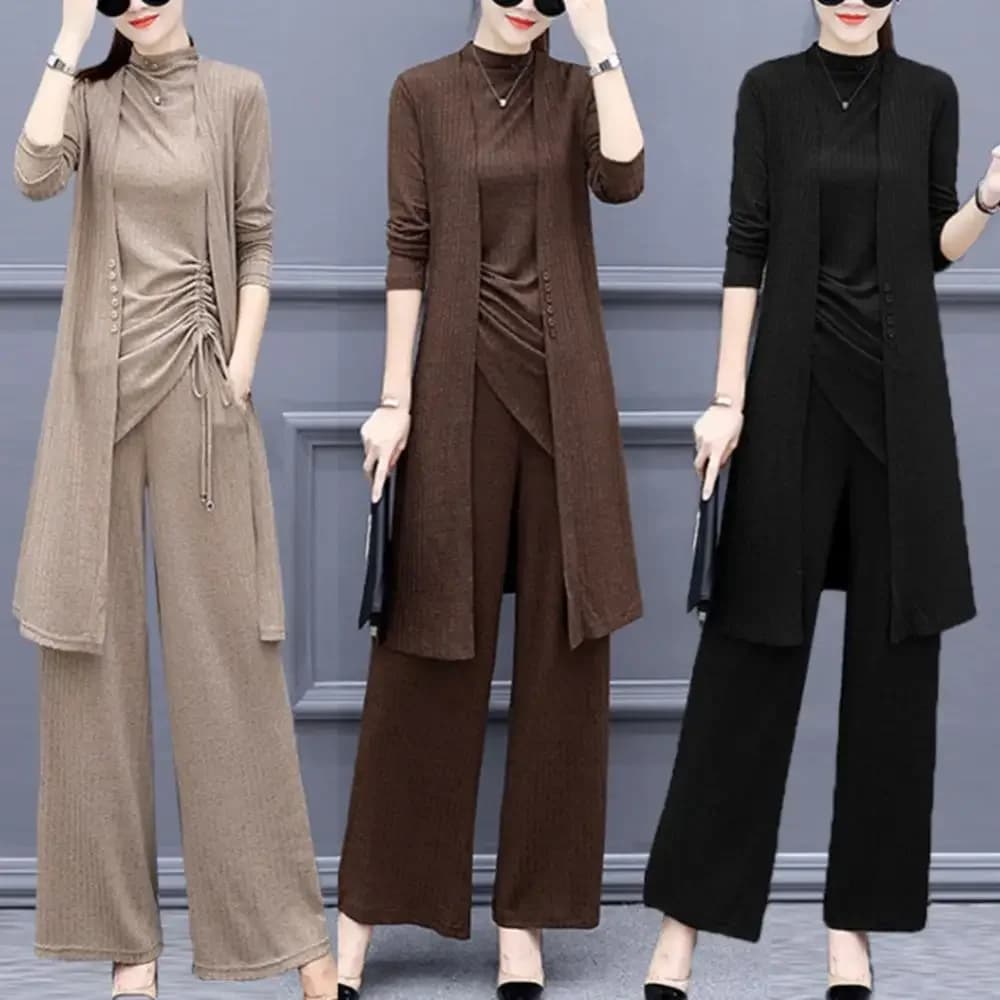 3 Stks/set Casual Vrouwen Pak Effen Kleur Gebreide Side Bandage Tanks Top Broek Lange Mouw Vest Kantoor Dame Pak Broek sets