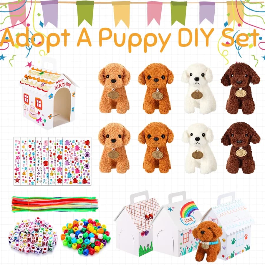 8-24 Sets DIY Adopteer Een Puppy Party Favoren Maak Je Eigen Pluche Hondje Kraal Huisdieren Kit met Hondenhuis Kraal Ketting