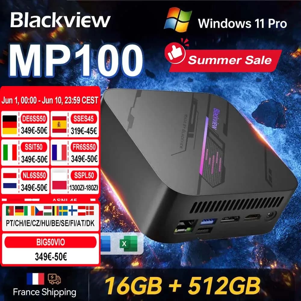 Blackview MP100 Mini PC 7430U 16GB DDR4 512GB SSD WiFi 6 Windows 11 Pro AMD 6-core 12-thread Mini Computer BT5.2