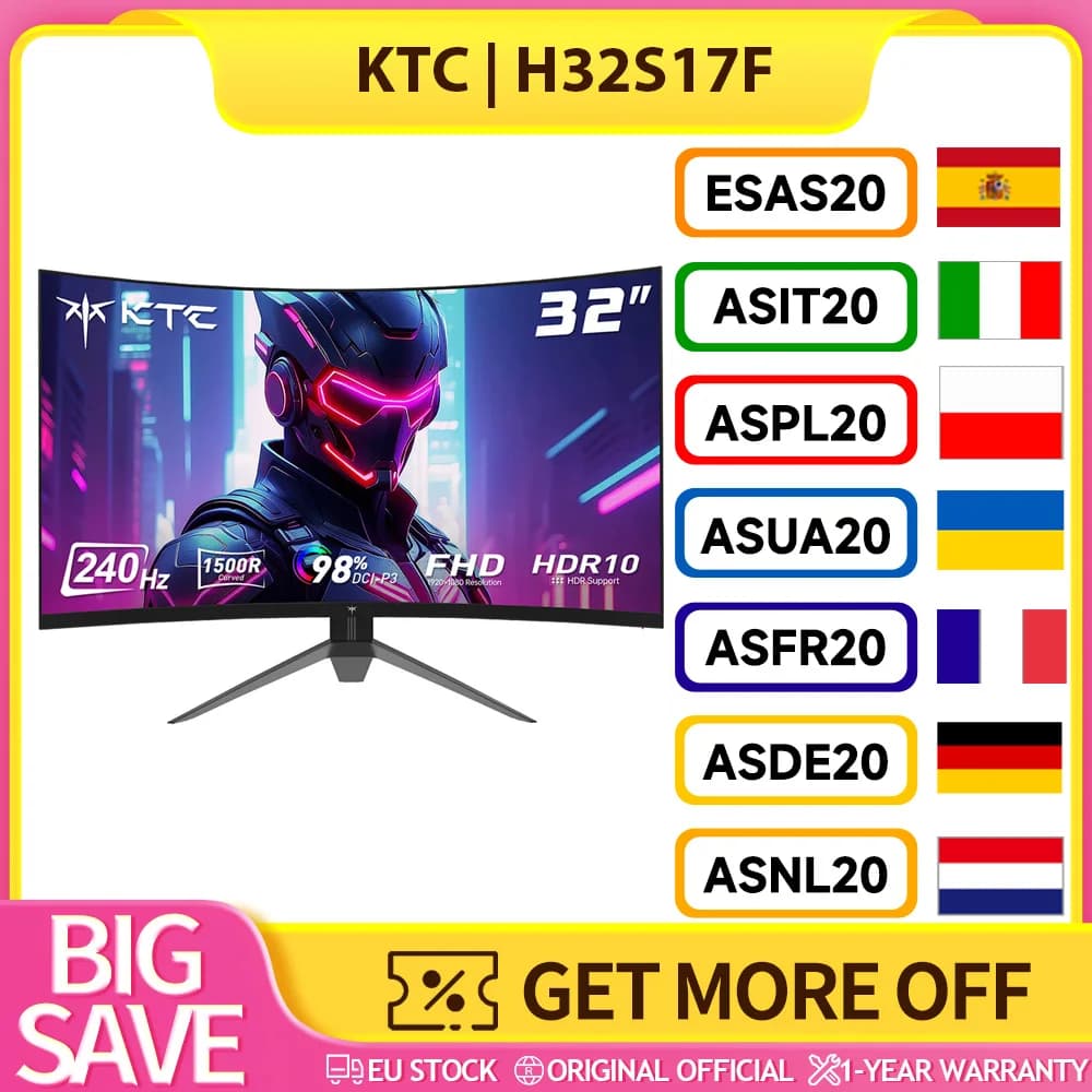 KTC H32S17F 32'' gebogen gamingmonitor, 1920*1080 HVA-paneel, 240Hz verversingsfrequentie, 125% SRGB, 3500:1 contrastverhouding, Adaptive Sync, HDR10,