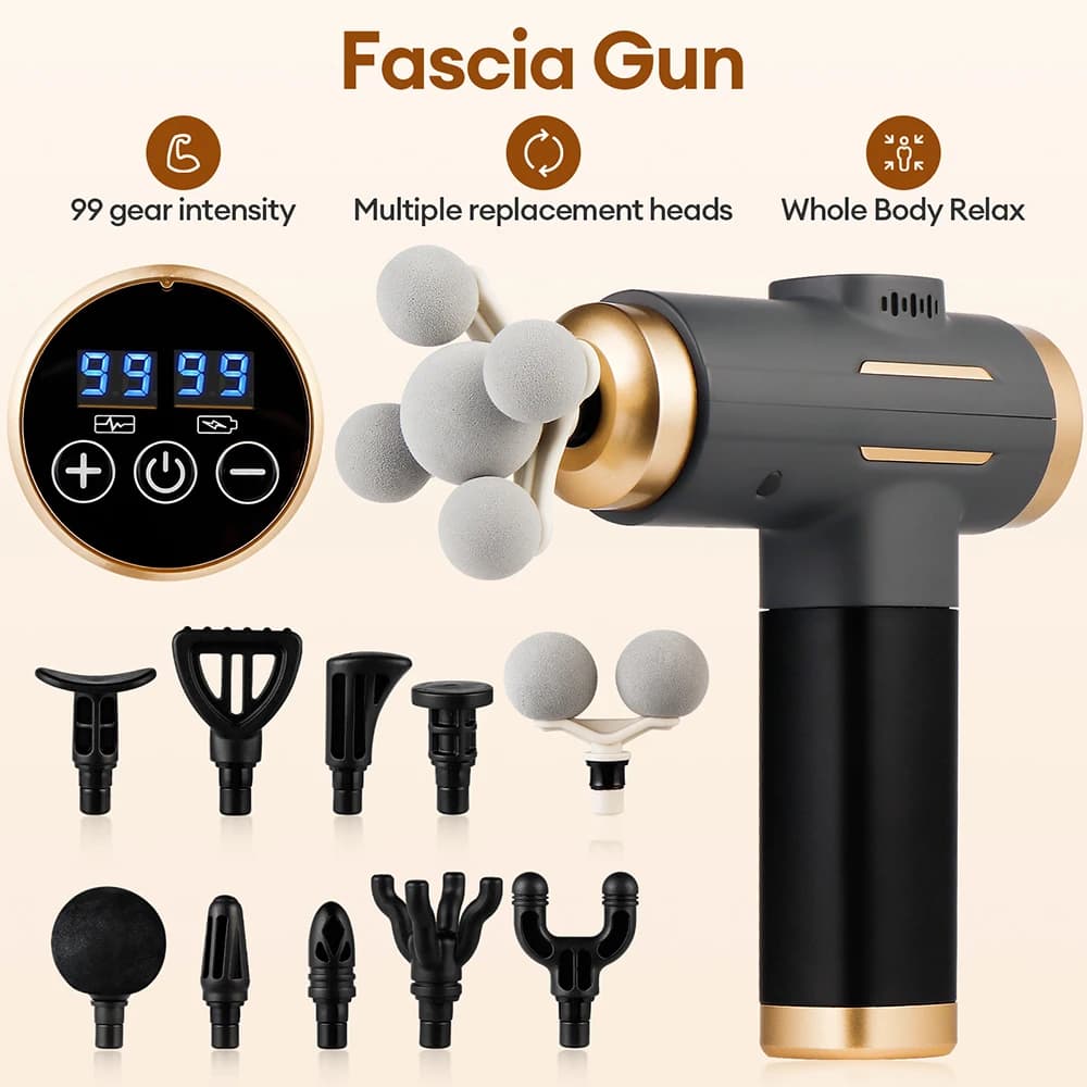 11-IN-1 Elektrisch massagepistool 99 niveaus Krachtig fasciapistool Hoogfrequente trillingen Lichaamsmassagepistool Armen Beenspier masajeador
