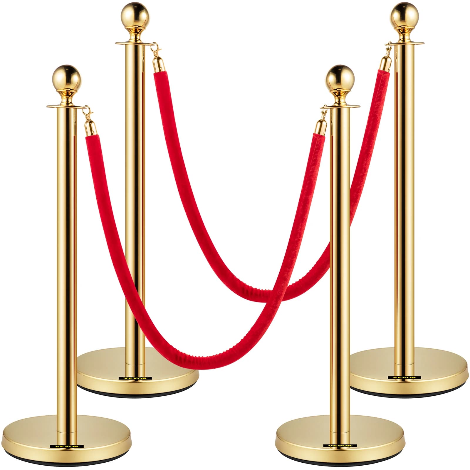 SucceBuy Gold Crowd Control Barrier 1,5 m Elegante fluwelen touwen en palen Roestvrijstalen Stanchion Post met Ball Top 4 STUKS