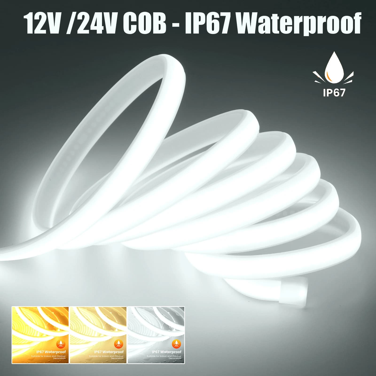 DC12V 24V COB-strip met 2PIN / DC-kabel IP67 Waterdicht Outdoor Home Decor Flexibel lint Touw LED-neonlicht 3000K 4000K 6000K
