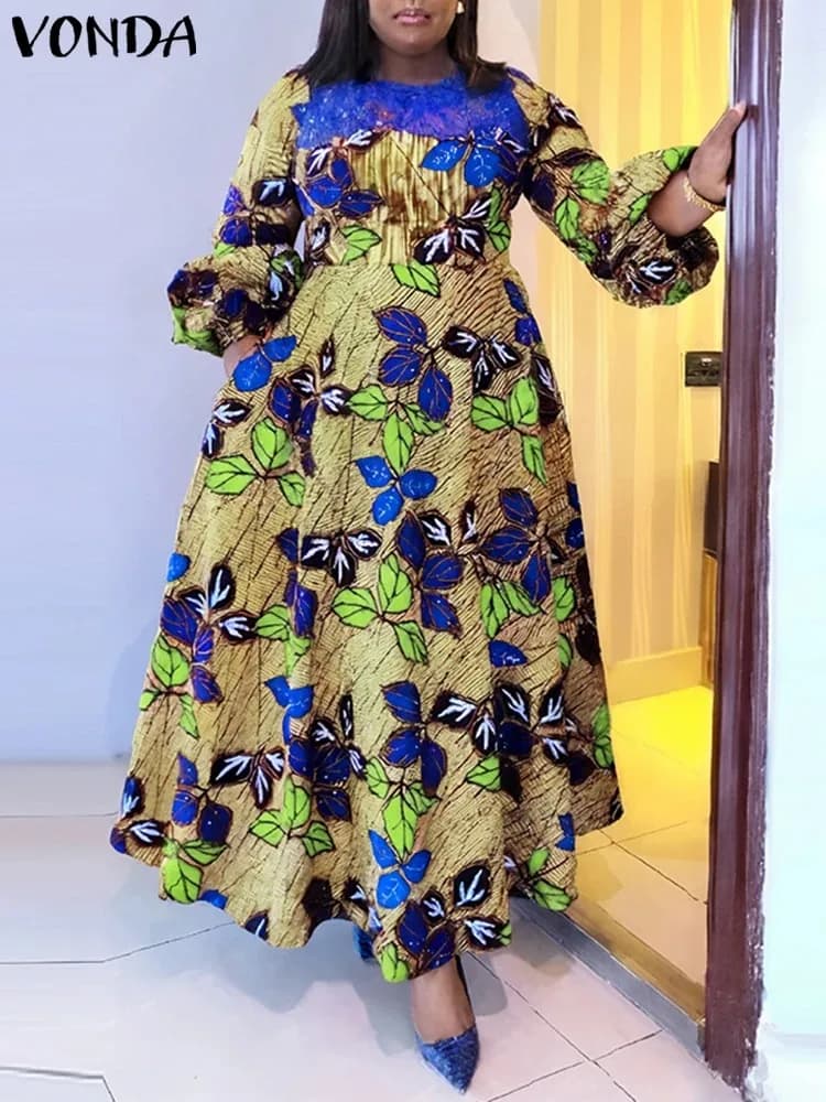 VONDA Vrouwen Elegante Maxi Jurken Casual Bloemen Gedrukt Zonnejurk Kant Patchwork Ronde Hals Gewaad Bohemian Party Vakantie Vestidos
