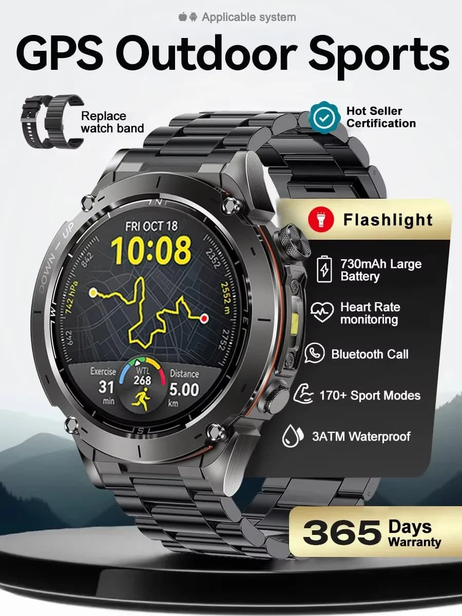 2025 Opgewaardeerd Nieuw Buiten Sport Militair GPS Smart Watch 10ATM Waterdicht 730 mAh Hoge batterij Kompas NFC HD BT Call Herenhorloge