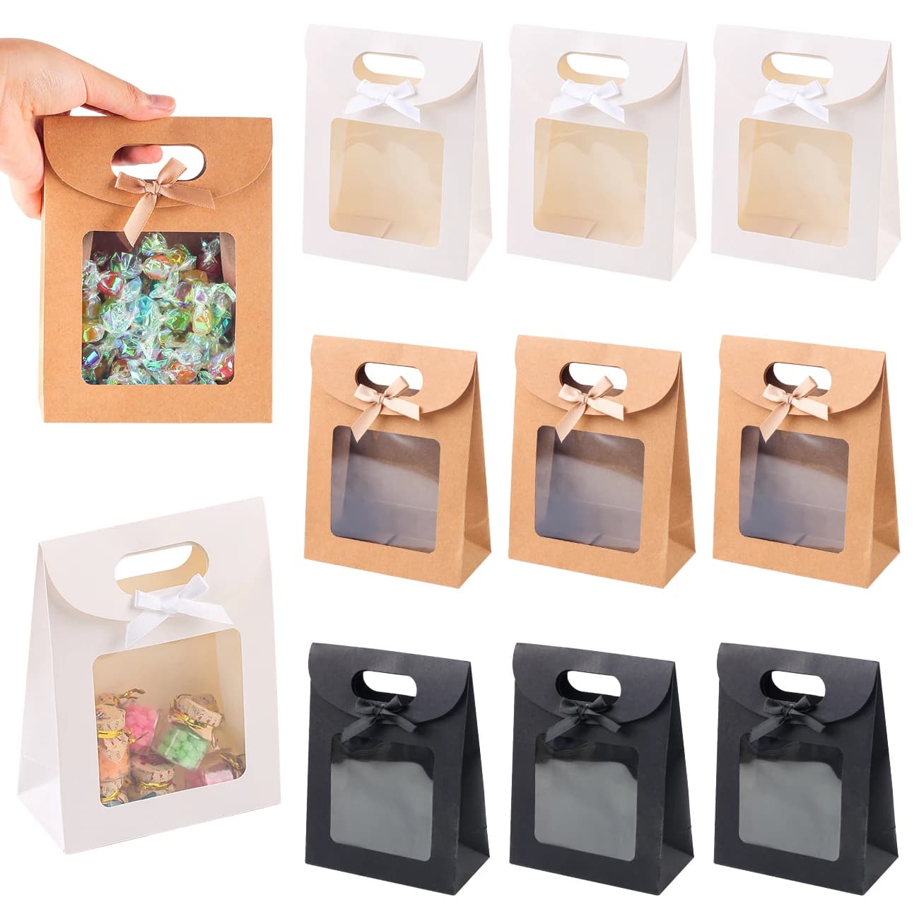 6/12PCS Kraftpapieren Zakken met Venster, doos Herbruikbare cadeauzakje voor Vrouwen, Candy Cookies Verpakking Bruiloft Kerstfeest