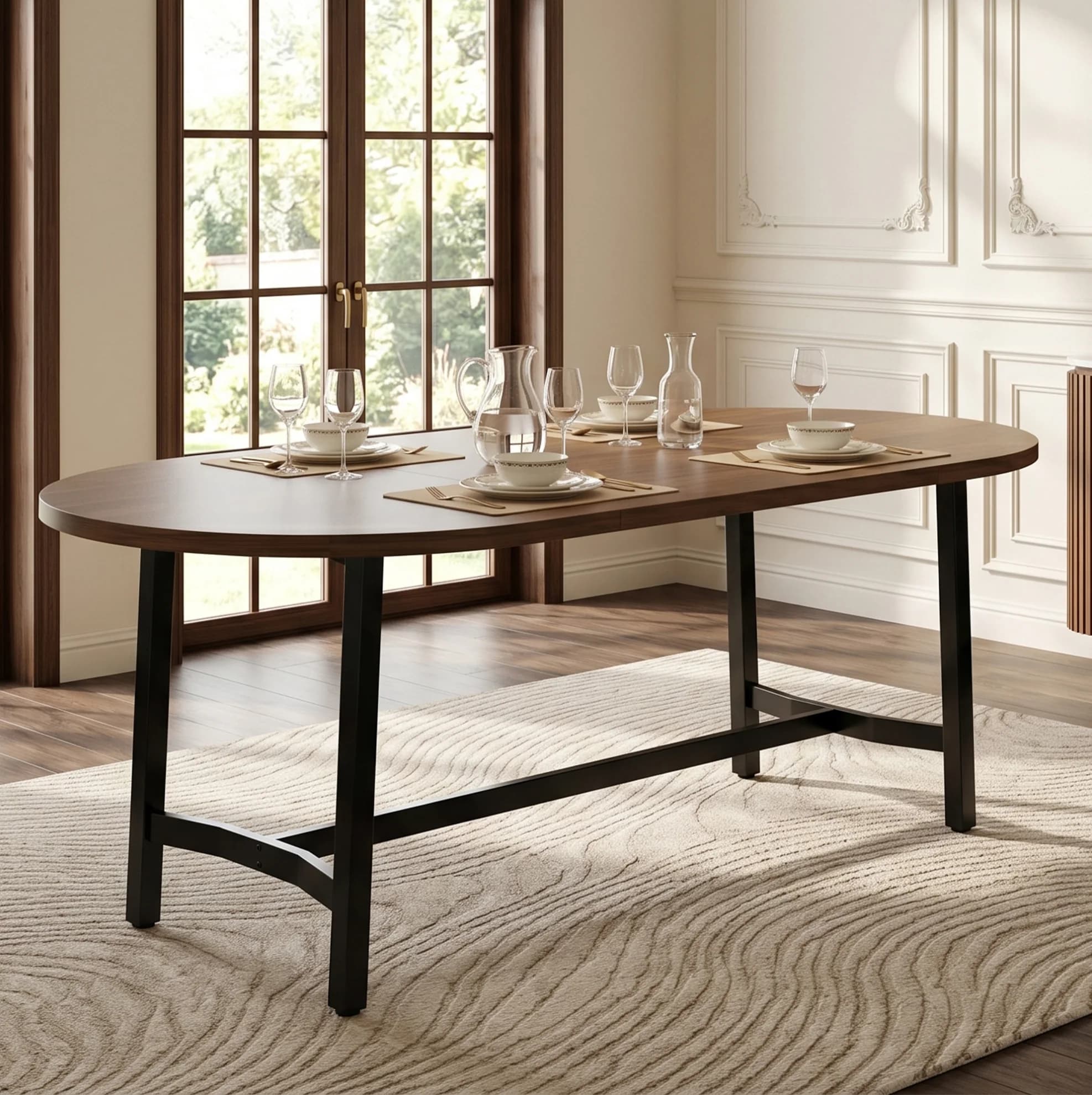Eettafel 180x80x75 cm met afgeronde hoeken en ijzeren poten in walnoot afwerking, geschikt voor 6-8 personen