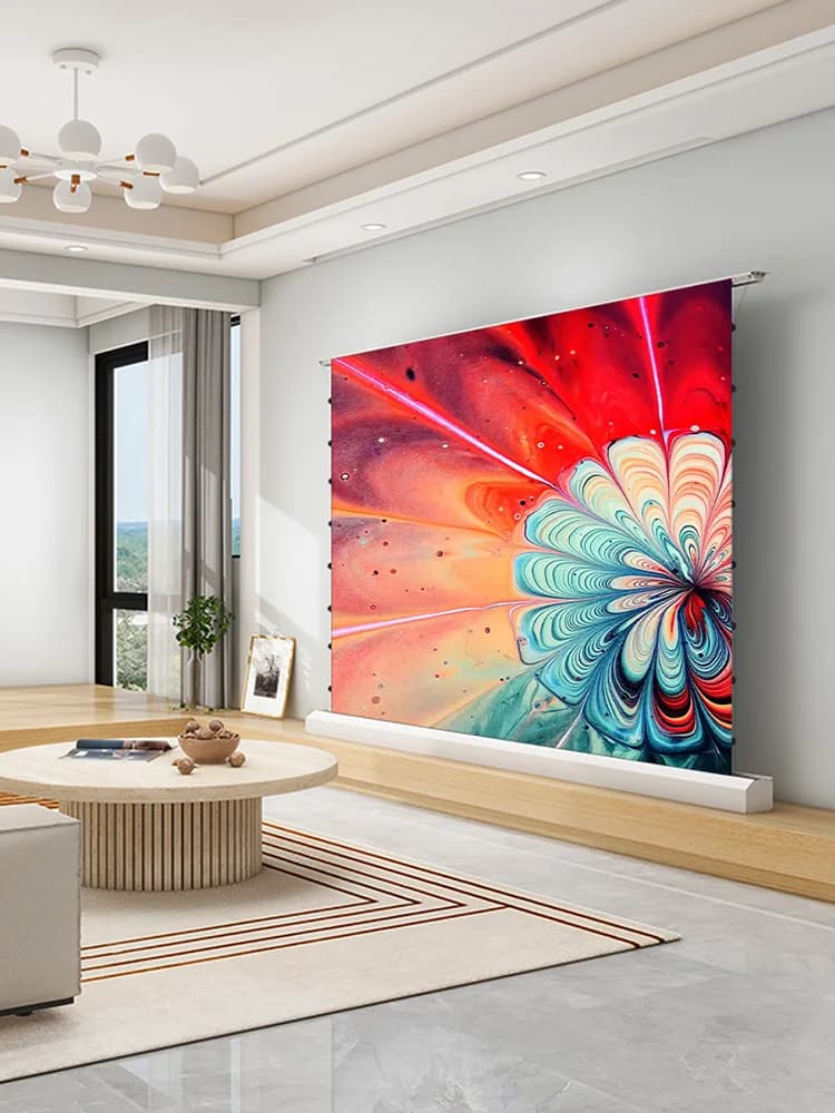 Elektrisch opklapbaar ALR UST projectiescherm met zwart raster, 150 cm max. tab-spanning, omgevingslicht afwijzend voor laserprojector 3D 8K