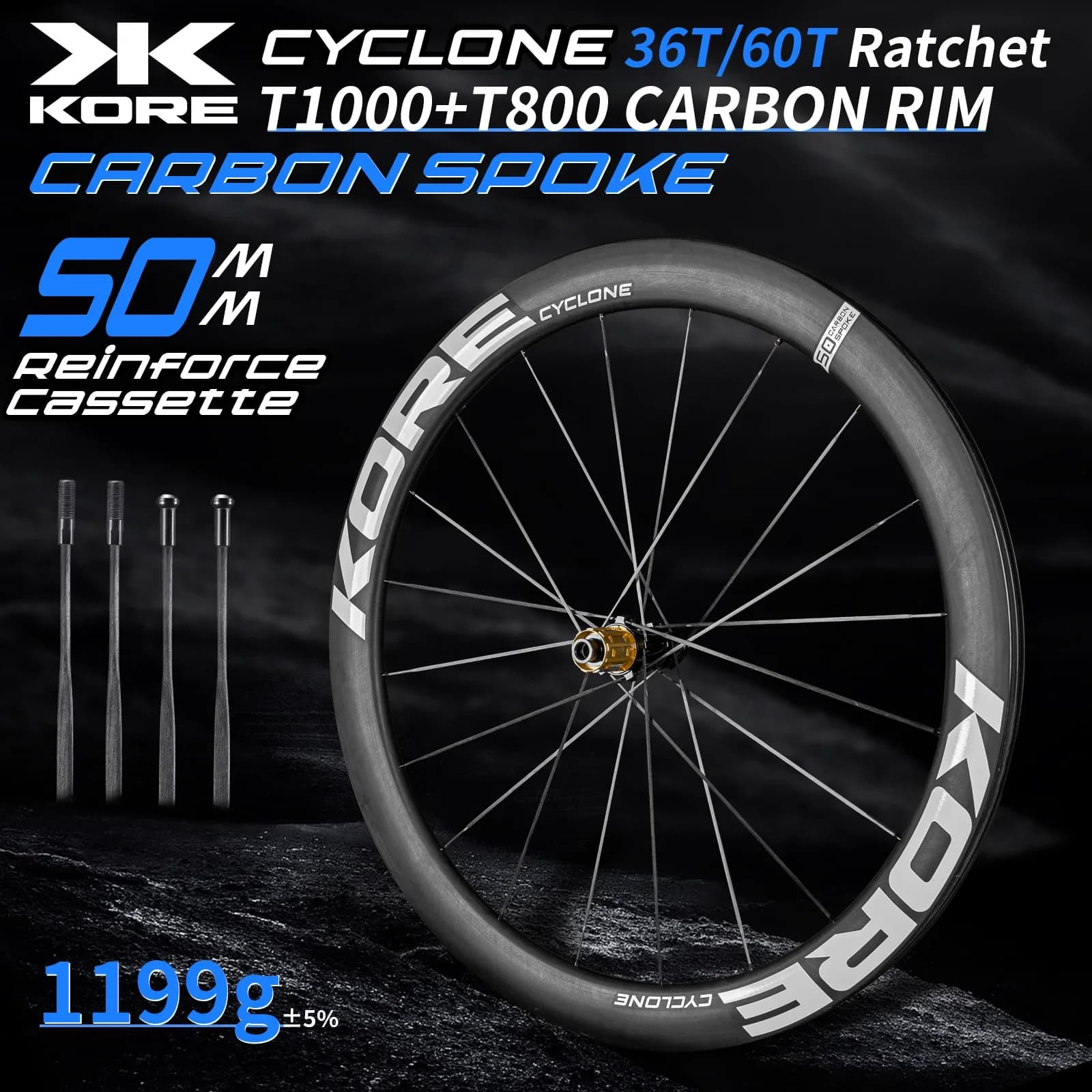 KORE Carbon Spaakwielset - 50mm - T1000 Carbon Velgen 36T/60T Ratchet Naaf XDR/HG 700C Ontwerp voor Ultralichte Raceprestaties