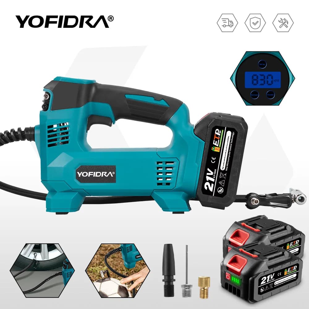 YOFIDRA Draadloze elektrische luchtpompcompressor LED-display Oplaadbare motorfietsbal pneumatisch gereedschap voor Makita 21V batterijpin