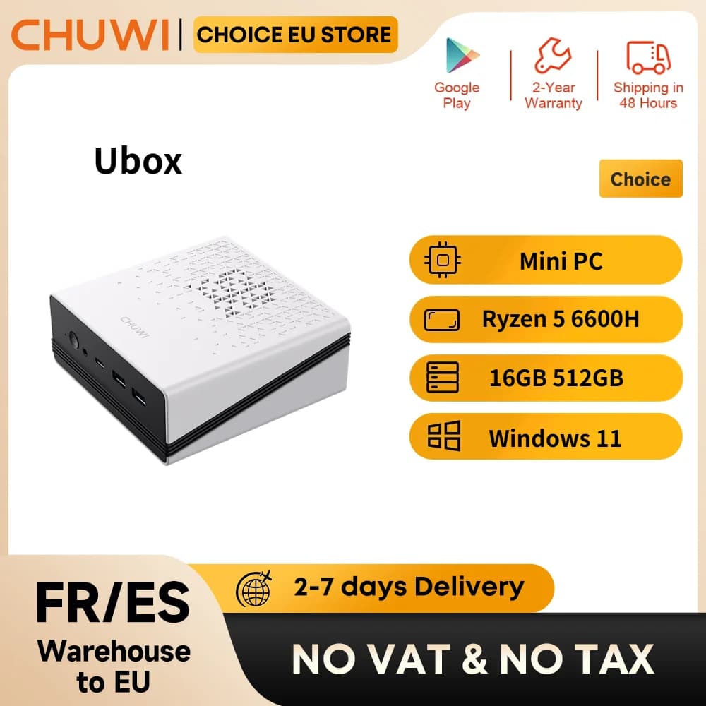 CHUWI UBox Mini PC AMD Ryzen 5 6600H 16GB DDR5 512GB SSD Windows 11 Pro 4K 144Hz Decording WiFi 6 BT 5.2 Verleng M.2 1T*2 650g