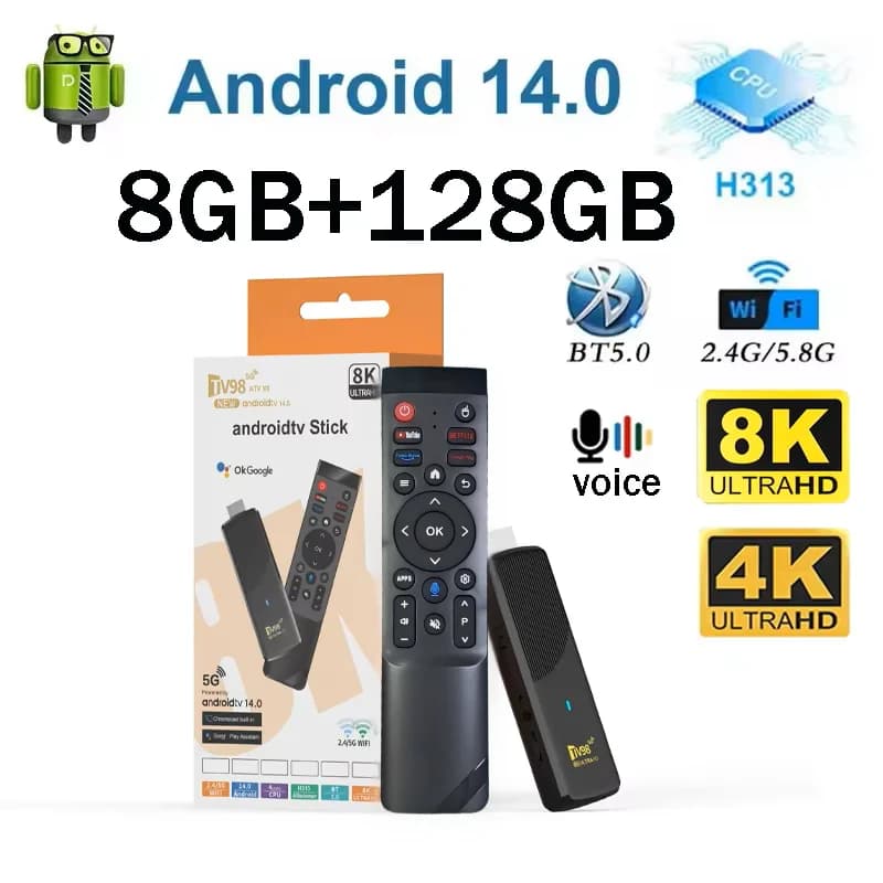 TV98 ATV X9 Smart TV Stick Android 14 Allwinner H313 OTA 8GB 128GB Ondersteunt 8K 4K Media Player 4G 5G Wifi 6 HDR10 Spraakafstandsbediening IPTV