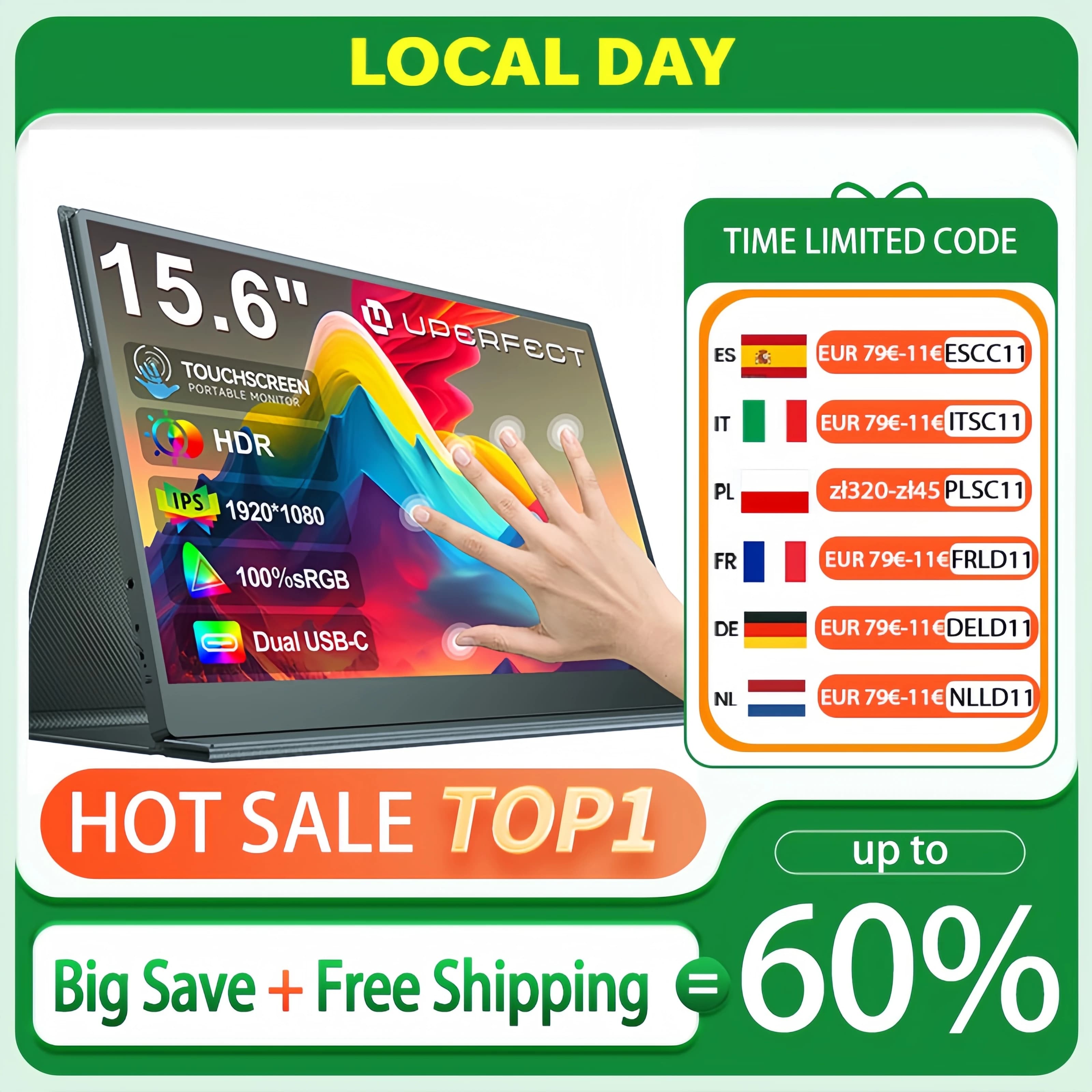 UPERFECT 15,6 inch draagbare touch-monitor gaming 1920 * 1080P 300 cd / m2 uitgebreid pc-scherm voor tv-laptop tweede scherm XBox PS4 / 5