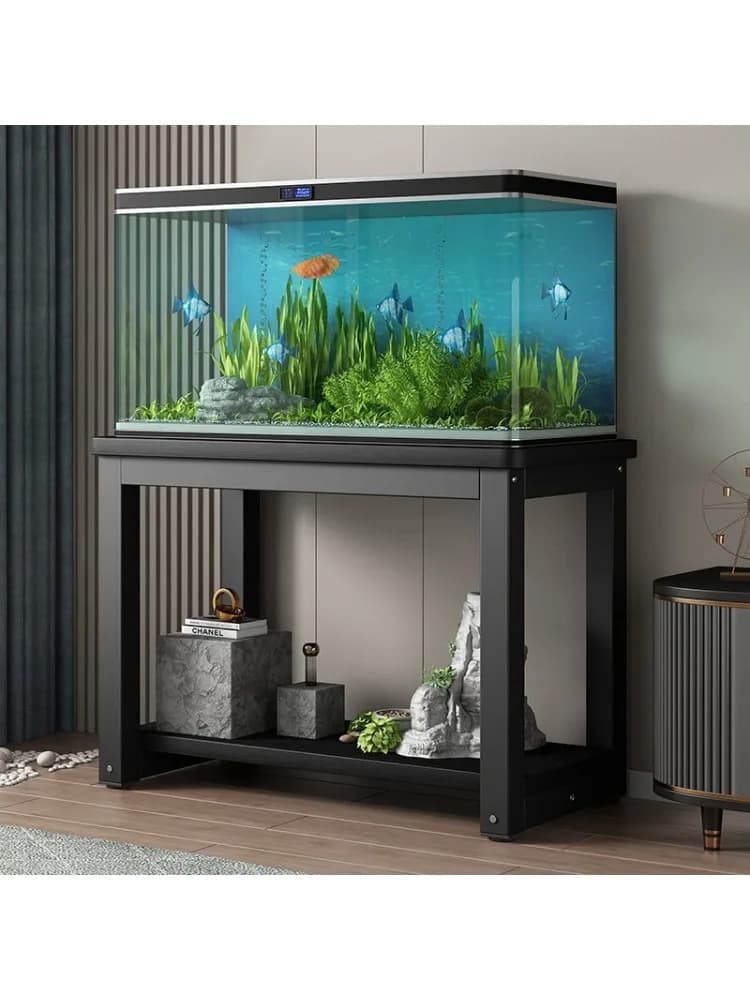 Aquariumrek, woonkamer metalen plank, smeedijzeren plank, stalen en houten bodemkast, opbergruimte.