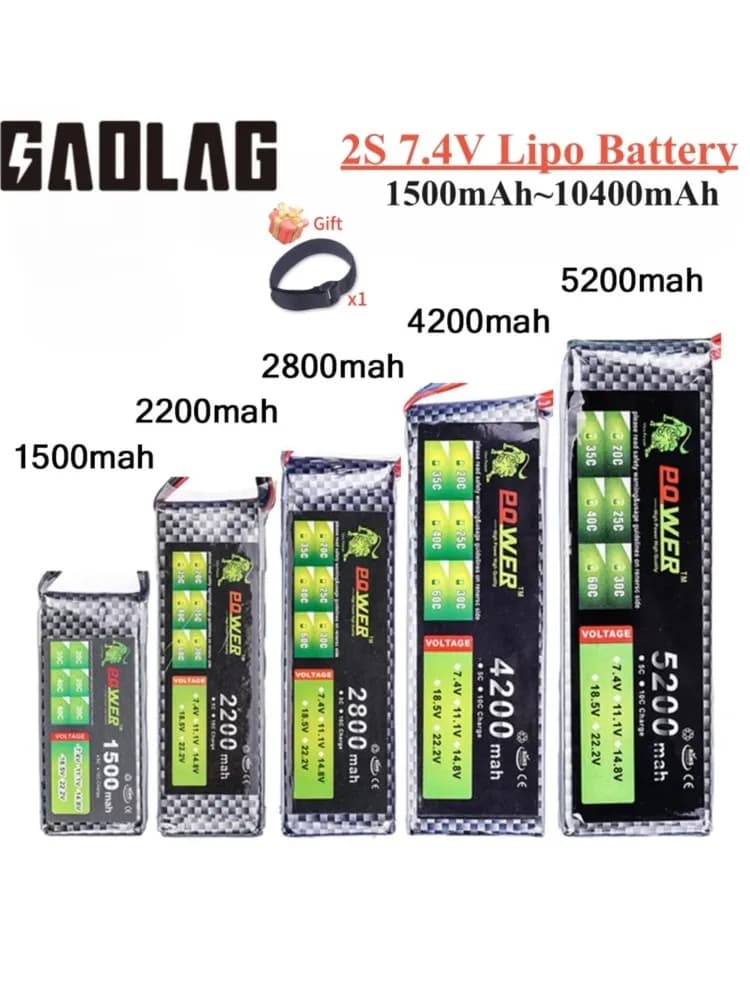 2S Lipo Batterij 7.4V 1500Mah 1800Mah 2200Mah 3300Mah 4200Mah 5200Mah 6500Mah 7200Mah 10400Mah Jst/Xt60/T Rc Onderdelen 7.4V Batterij