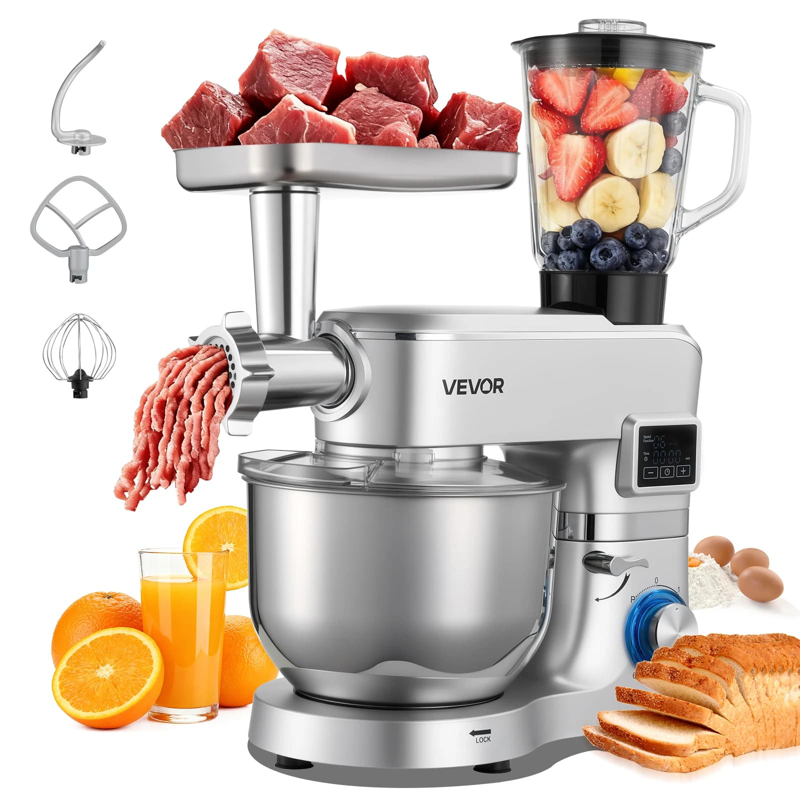 SucceBuy 5,7/6/7,8L Staande Mixer Elektrische Keukenmixer 1500W Deegmixer, 6+P Snelheden Kantelbare Voedselmixer met 1,5 L Blenderbeker