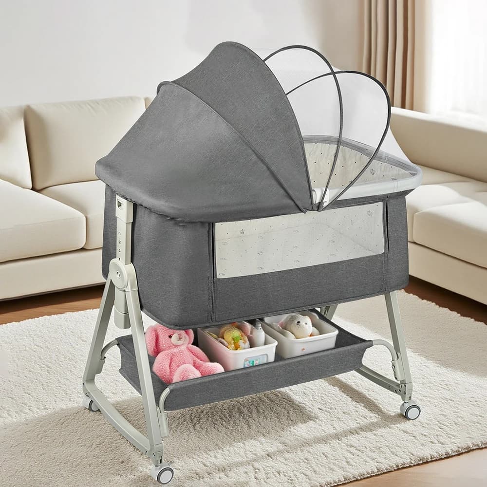 4-in-1 Baby Co-Sleeping Wieg, verstelbaar in 6 standen, met matras, 15 °   Inklinaison, wielen met remmen, babybedje 0-24 maanden