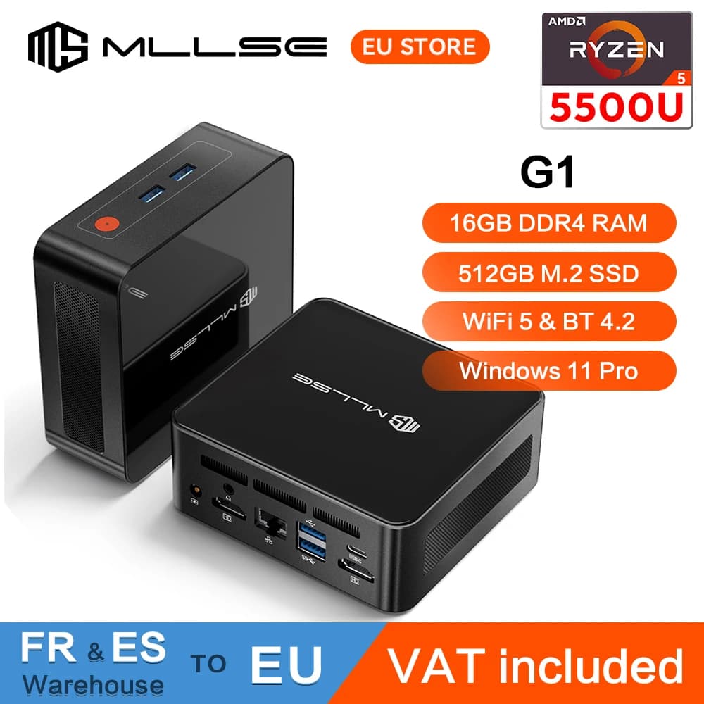 MLLSE Mini PC G1, AMD Ryzen 5 5500U processor, 16GB DDR4, 512GB SSD, Wi-Fi 5, BT 4.2, Windows 11 Pro, voor gaming en werk