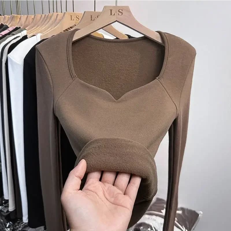 Herfst en winter Schuren T-shirt met lange mouwen Dames pluche vierkante hals korte top Warme matte herfstkleding