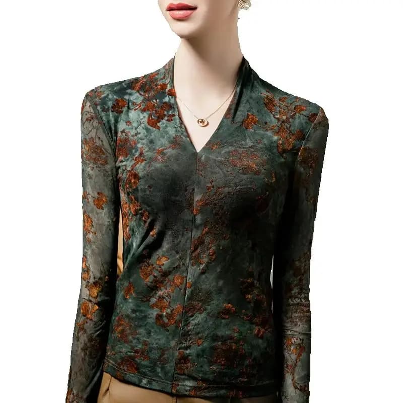 T-shirt met lange mouwen Dames Herfst Lente Slanke V-hals Trui Tops Skinny Massaal Bloemen Basic Office Tops